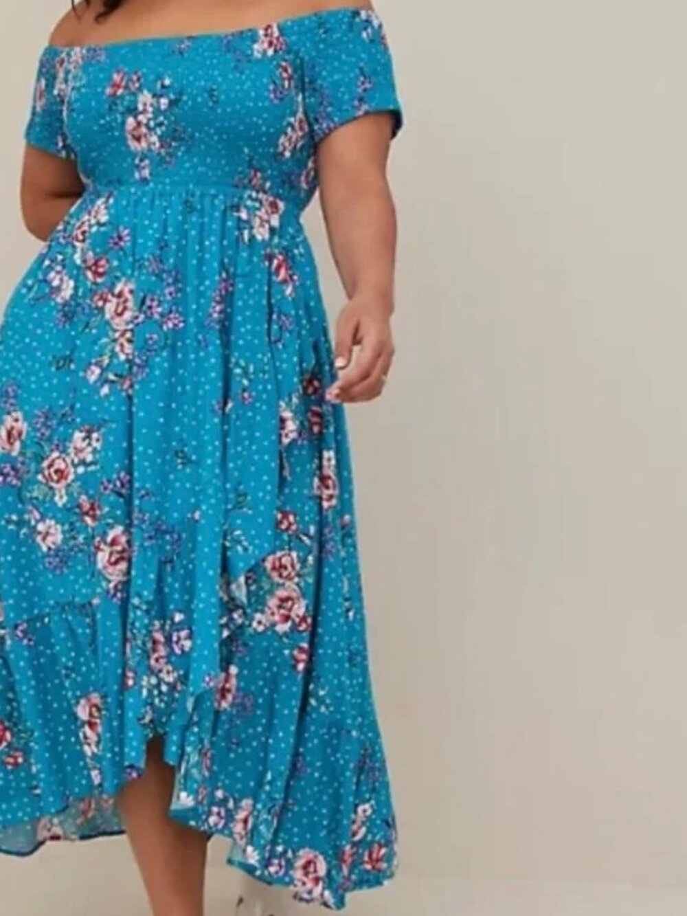 Blue Floral Off Shoulder Challis Maxi Dress  Torrid Size 1 (1X)